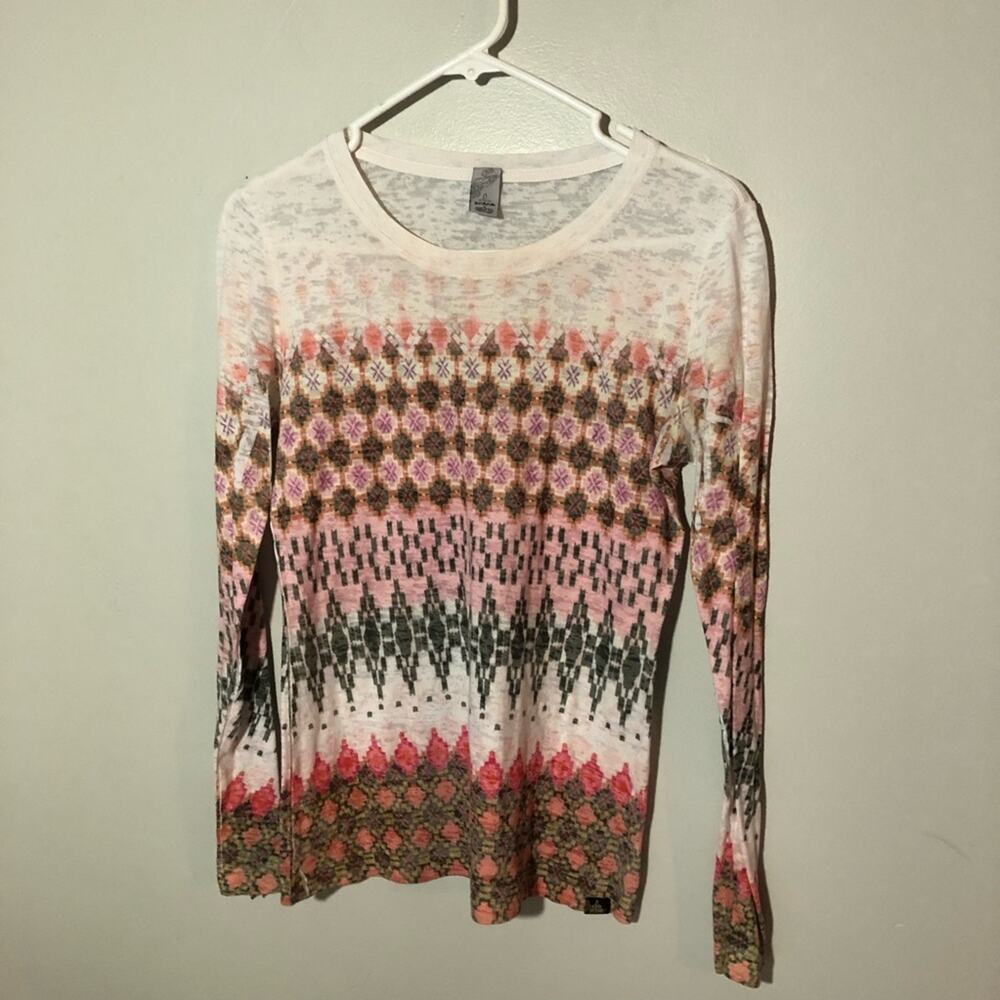 Prana breathe semi sheer long sleeve womens top sz S colorful print gorpcore